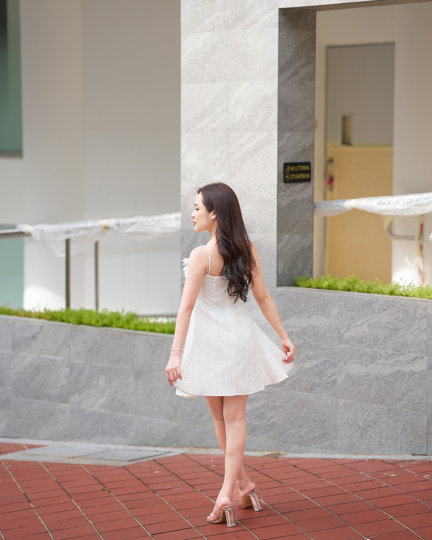 Flane Ivory Jacquard Bow Strap Mini Dress - FL004