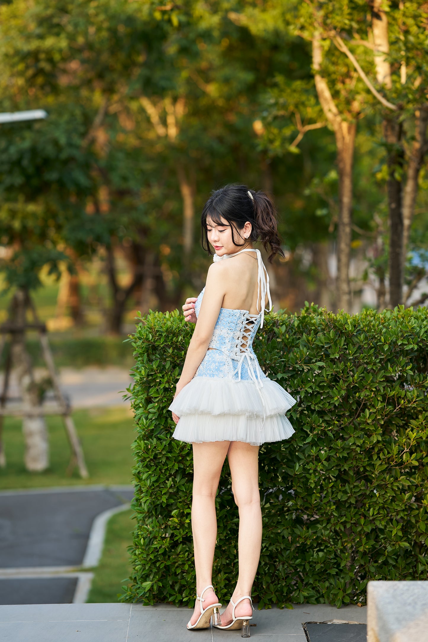 NINISESI Icy Blue Sequin Corset Dress with Tulle Skirt-NS001