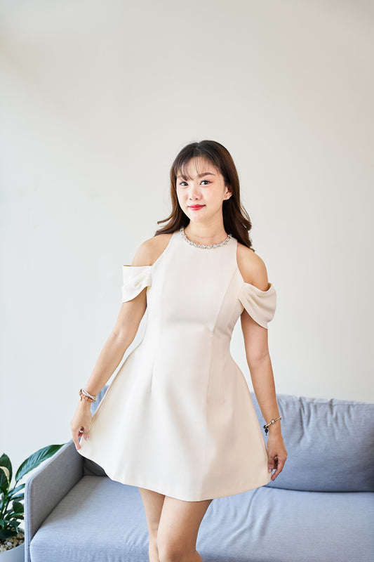 Zamy Cream Mini Dress with Jewel Collar -ZM008