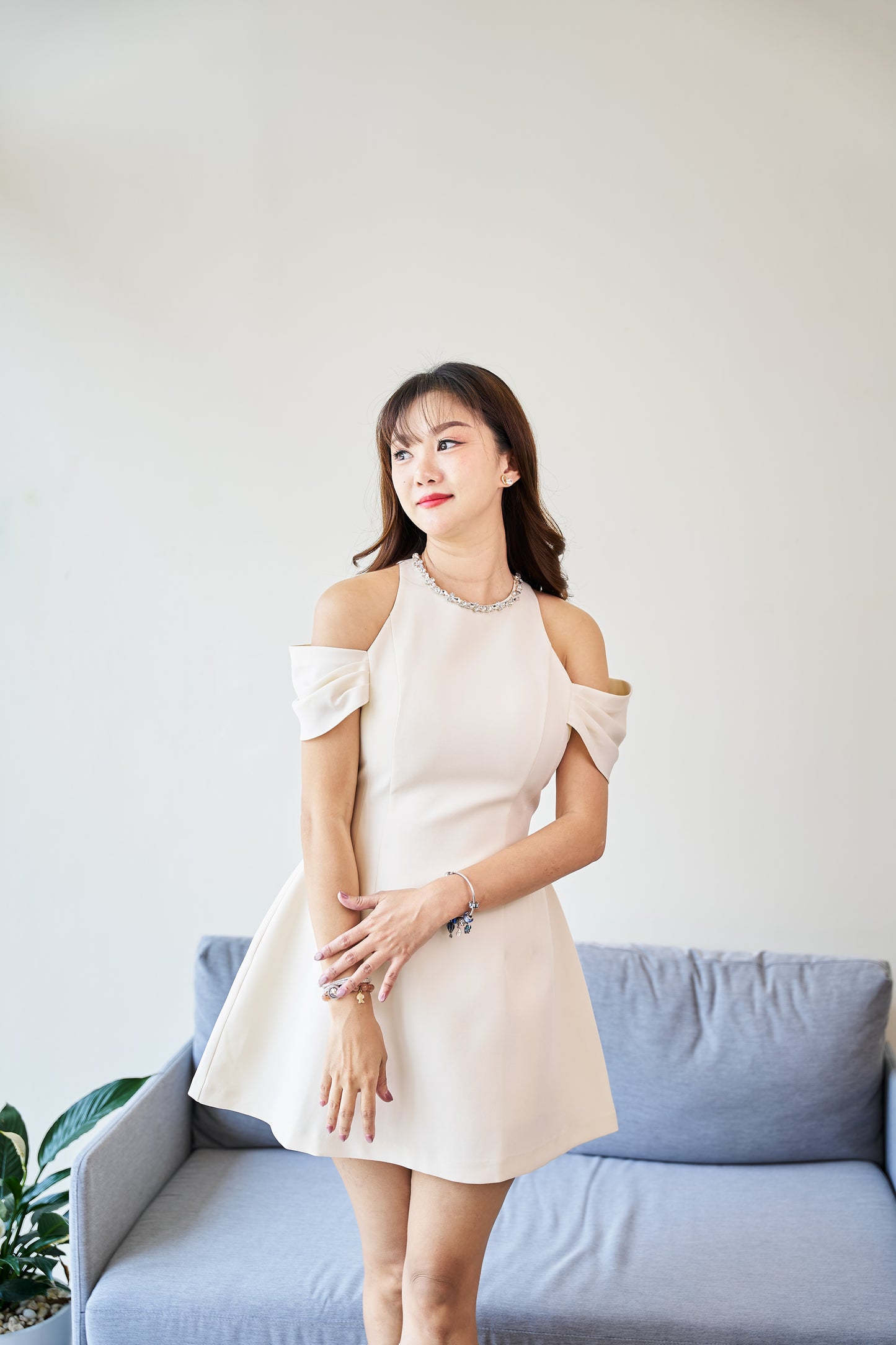 Zamy Cream Mini Dress with Jewel Collar -ZM008