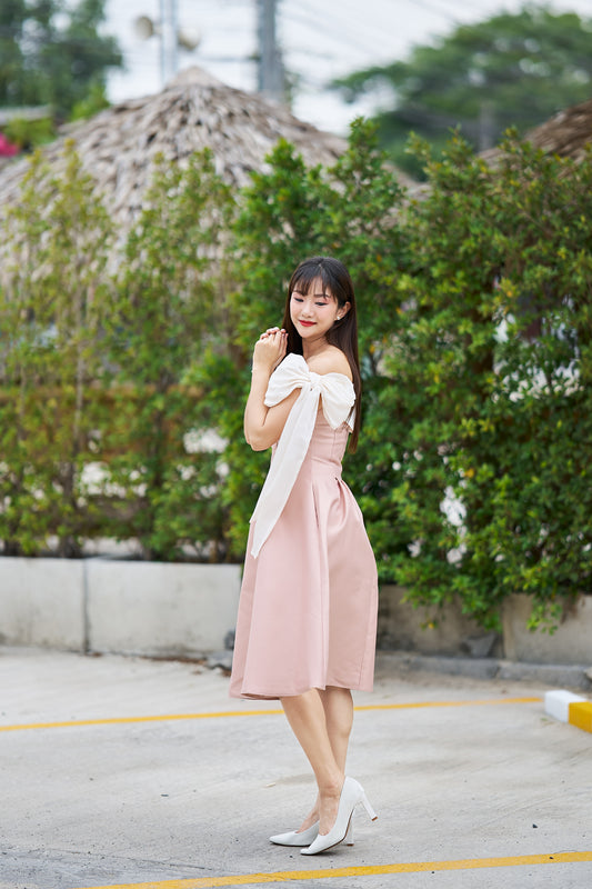 Zamy Blush Pink Off-Shoulder Midi Dress with Draped Bow Detail - ZM010