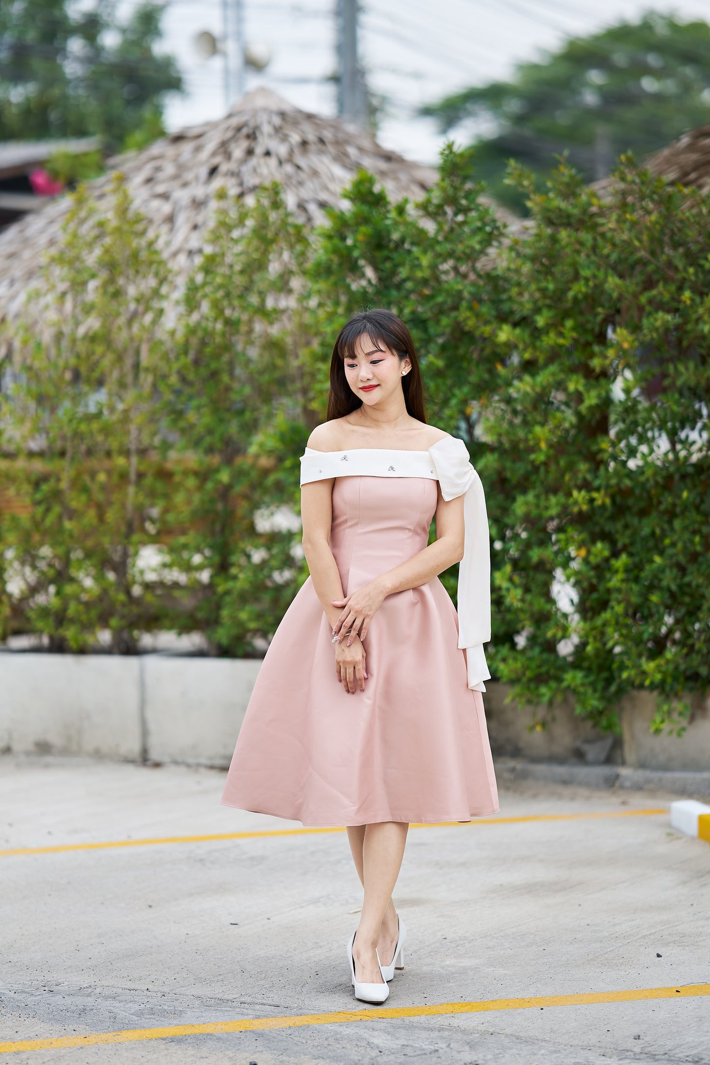 Zamy Blush Pink Off-Shoulder Midi Dress with Draped Bow Detail - ZM010