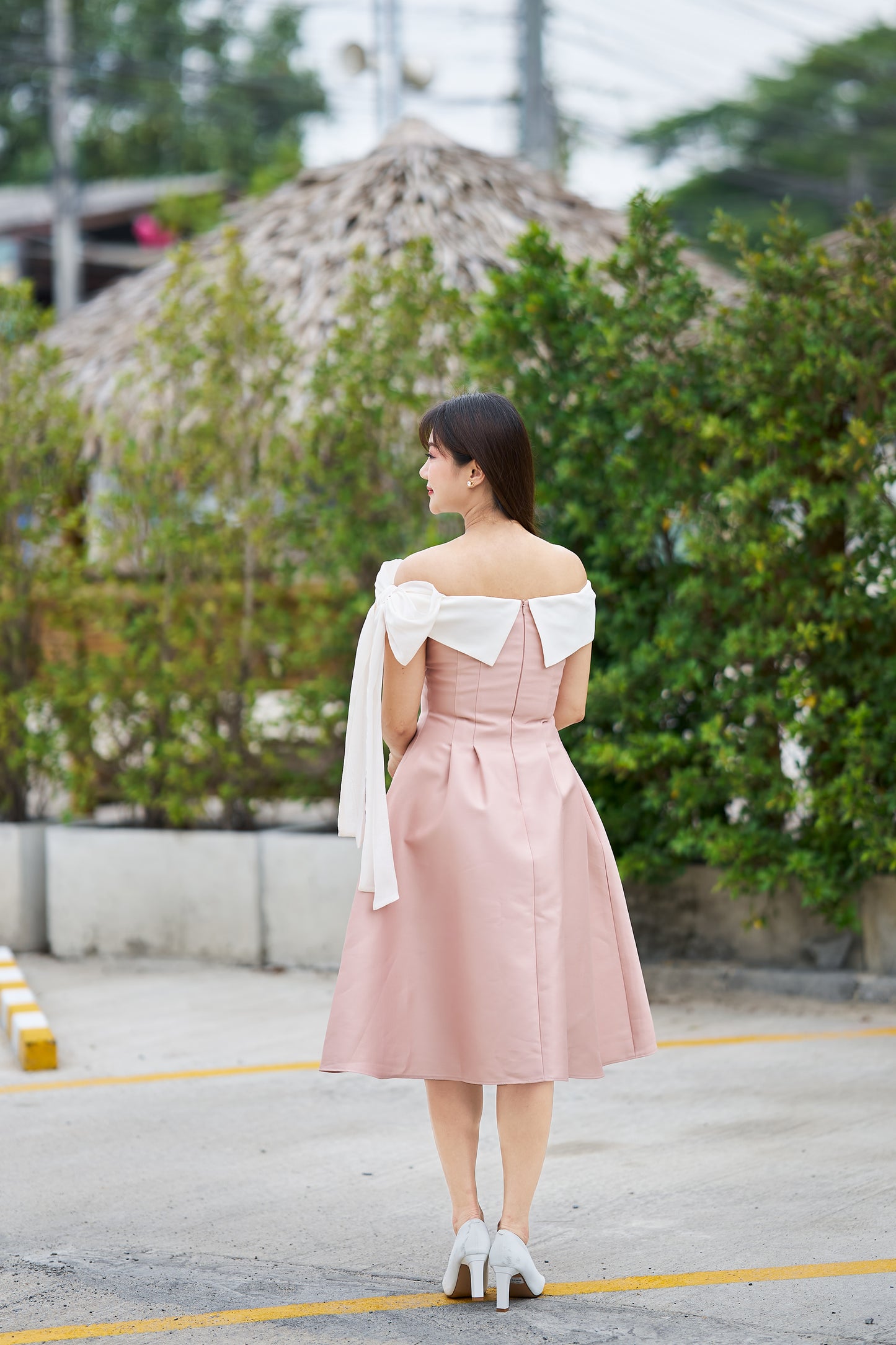 Zamy Blush Pink Off-Shoulder Midi Dress with Draped Bow Detail - ZM010