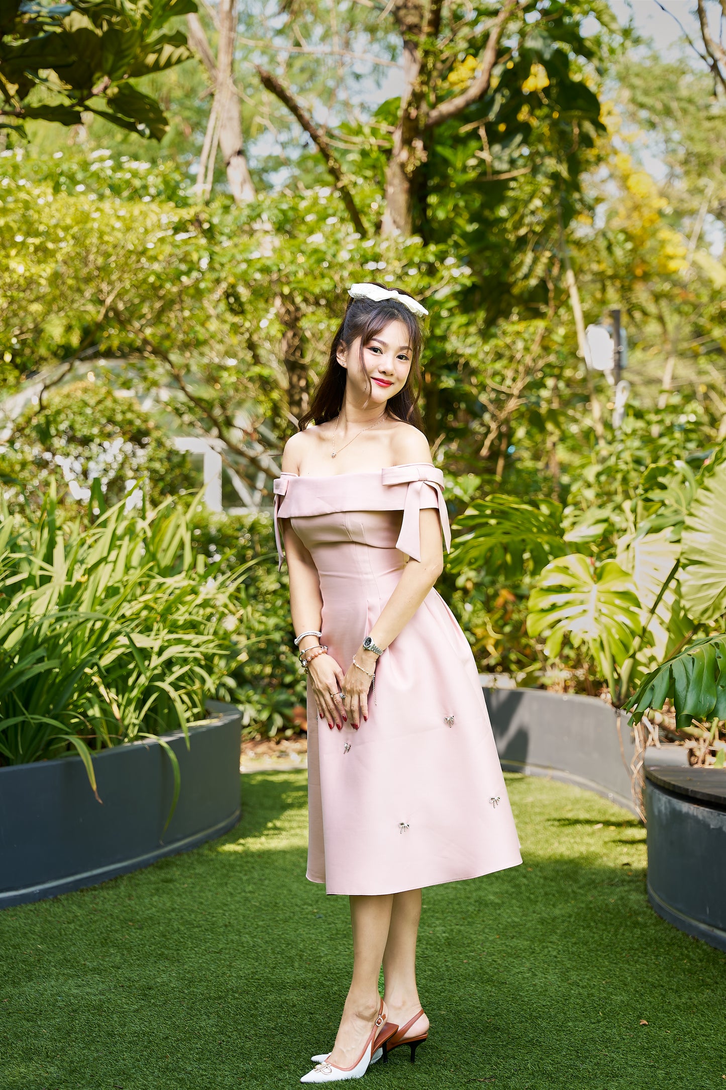 Zamy Blush Pink Off-Shoulder Midi Dress with Bow Details - ZM001
