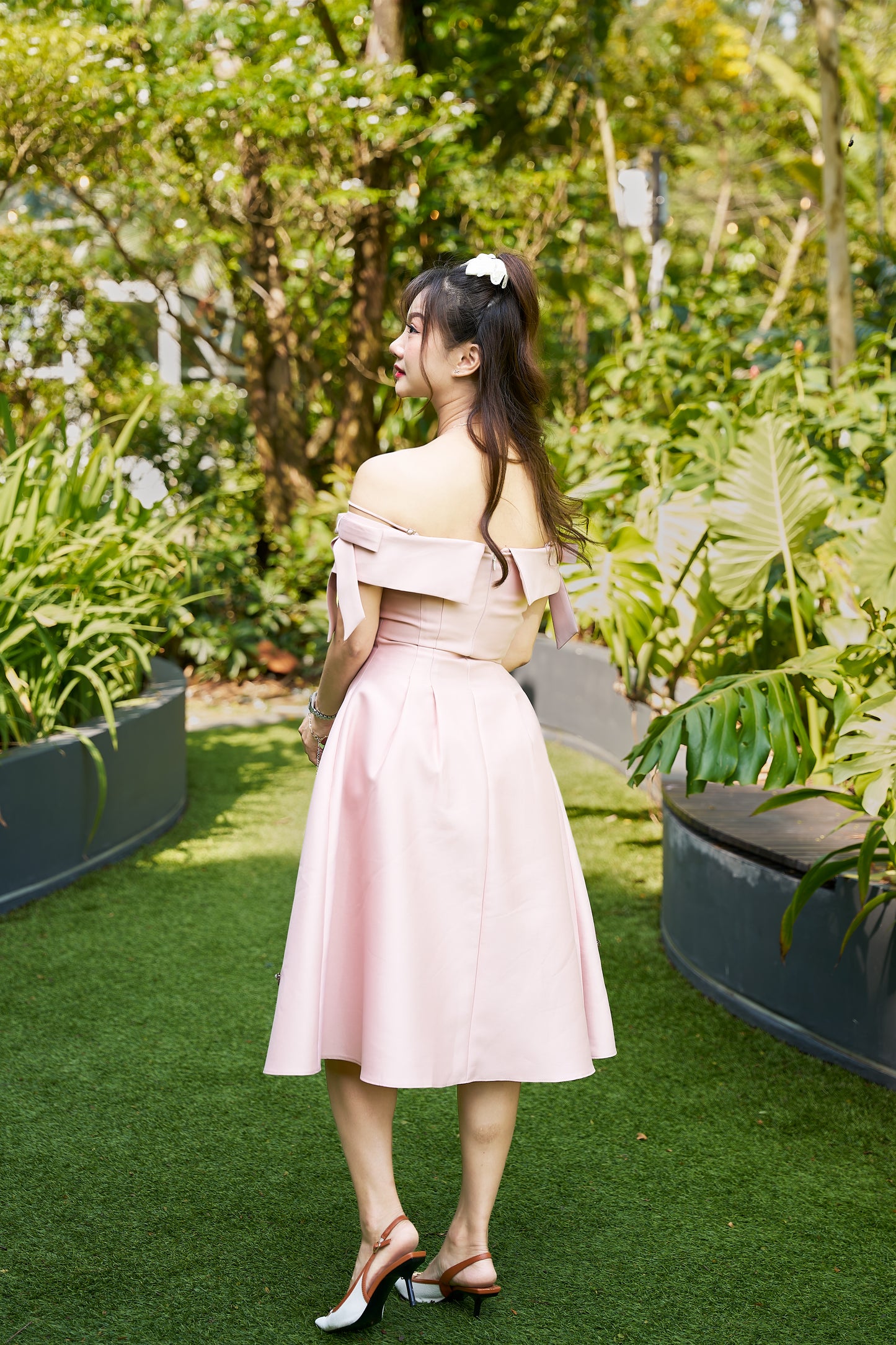 Zamy Blush Pink Off-Shoulder Midi Dress with Bow Details - ZM001
