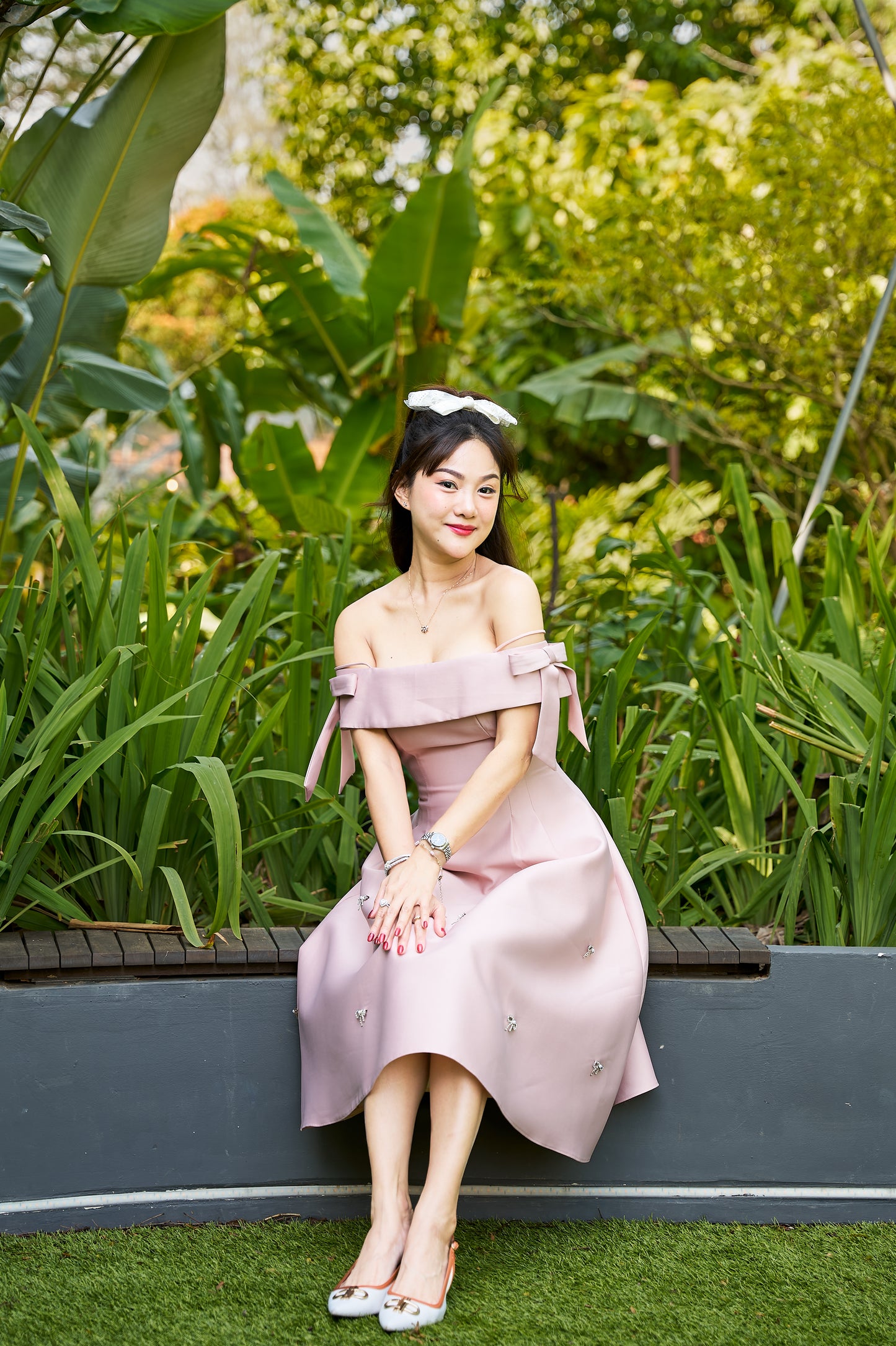Zamy Blush Pink Off-Shoulder Midi Dress with Bow Details - ZM001