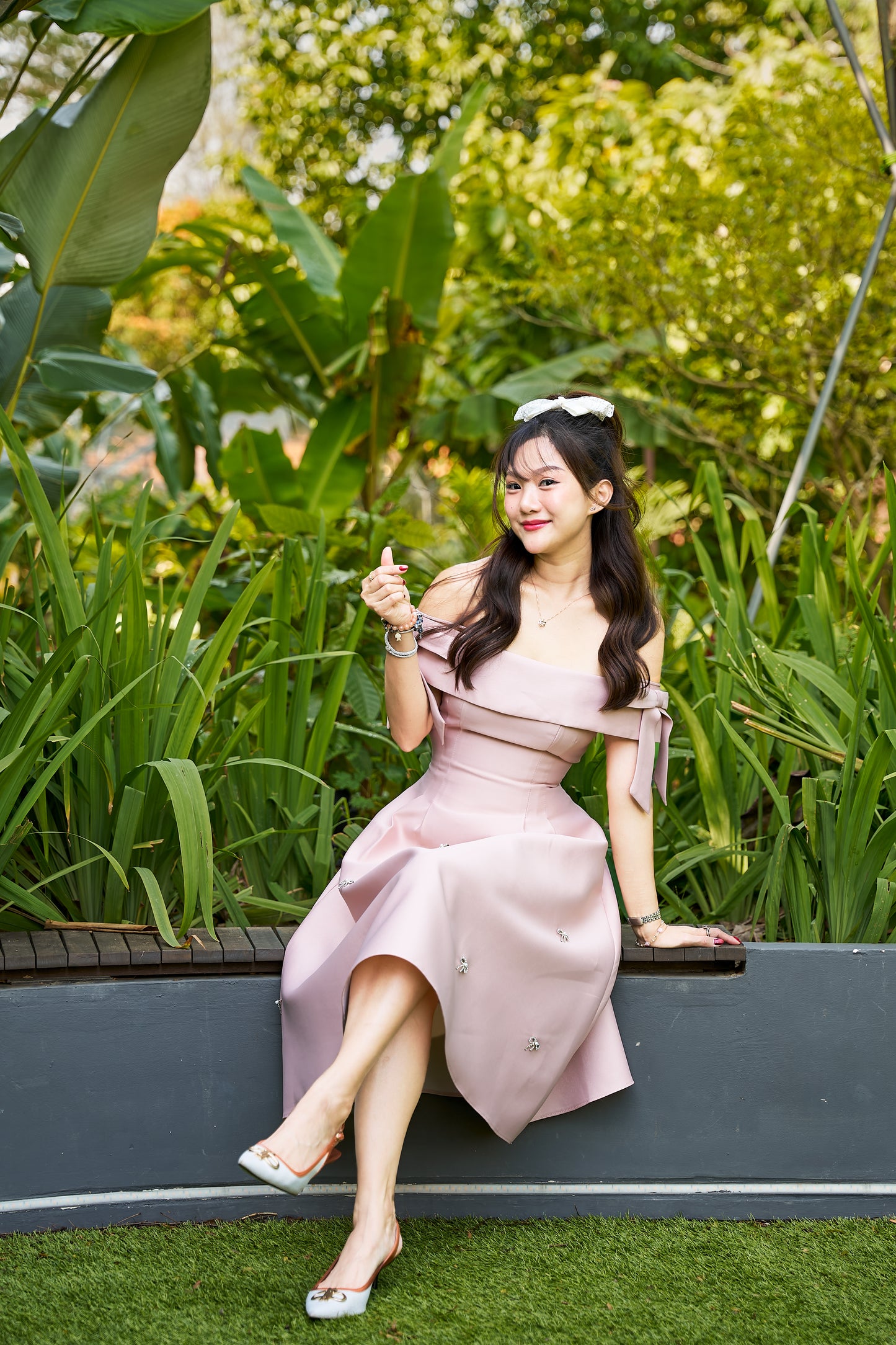 Zamy Blush Pink Off-Shoulder Midi Dress with Bow Details - ZM001