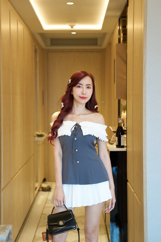 Zamy Monochrome Pleated Off-Shoulder 2-Piece Set-ZM004