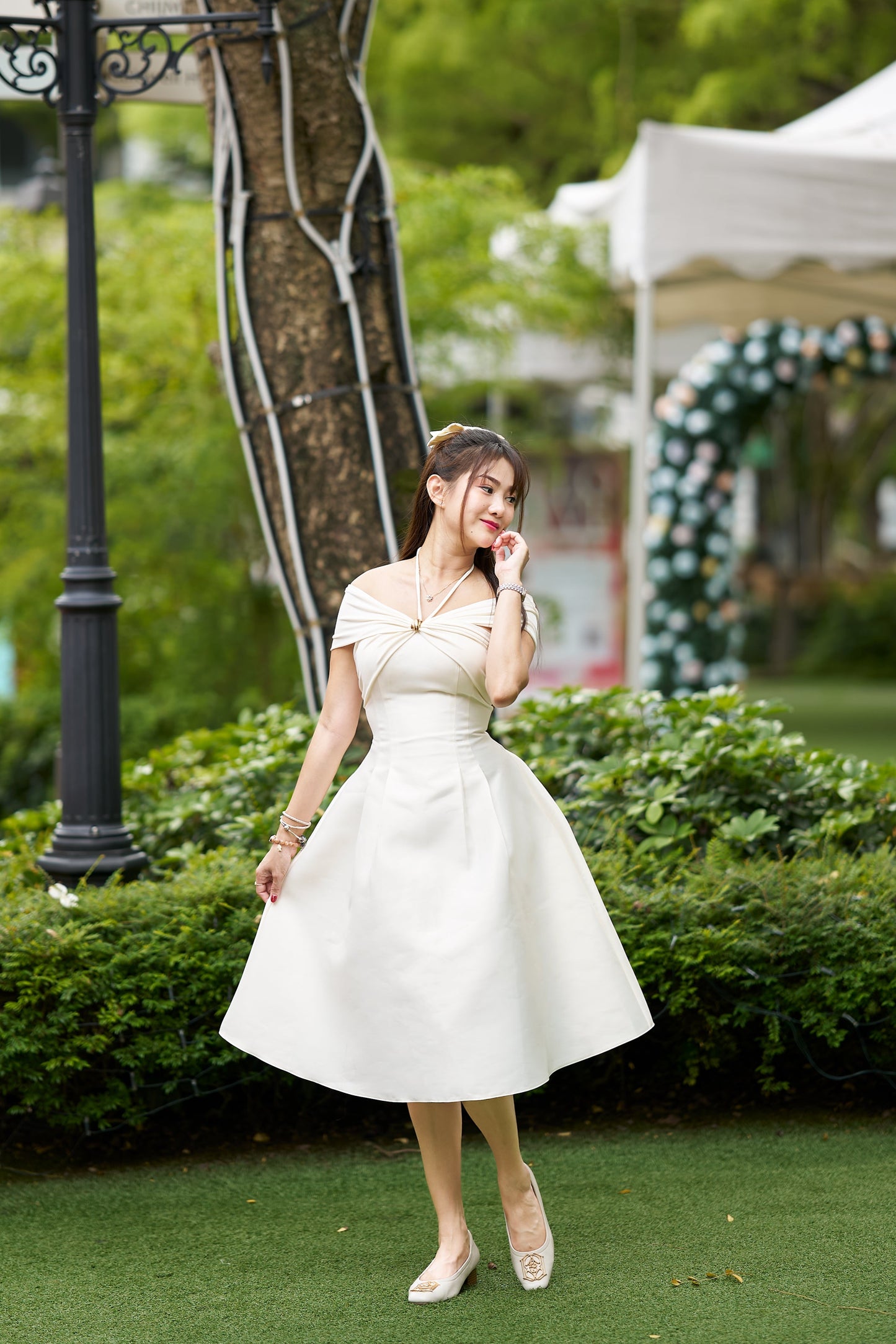 Zamy Ivory Off-Shoulder Cross-Wrap Midi Dress-ZM003