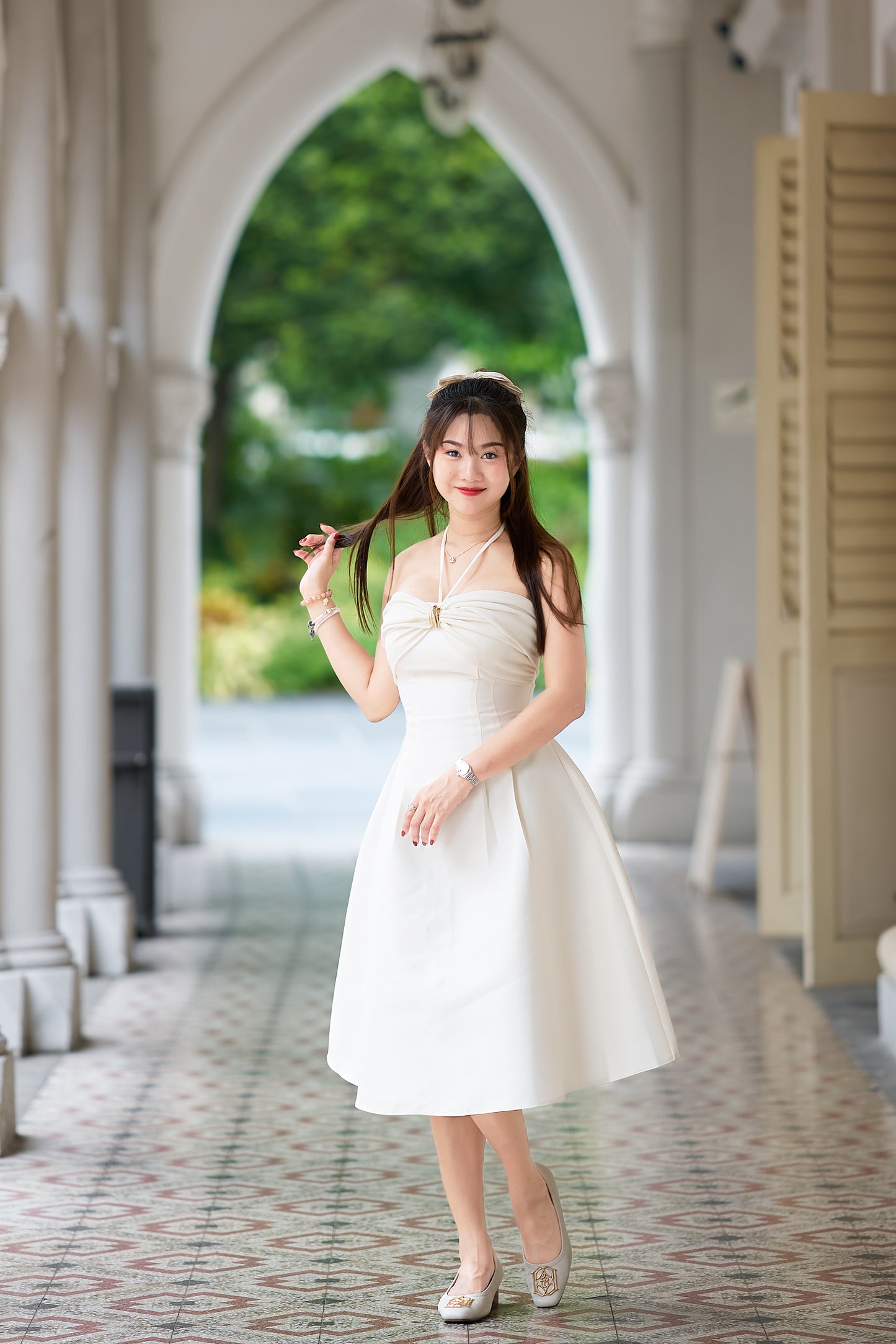 Zamy Ivory Off-Shoulder Cross-Wrap Midi Dress-ZM003