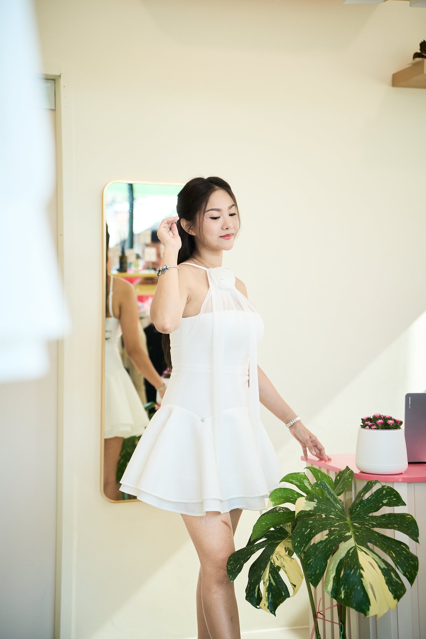 Flane White Bow Halter Flare Mini Dress - FL001