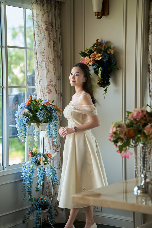 Zamy Champagne Off-Shoulder Organza Midi Dress - ZM002