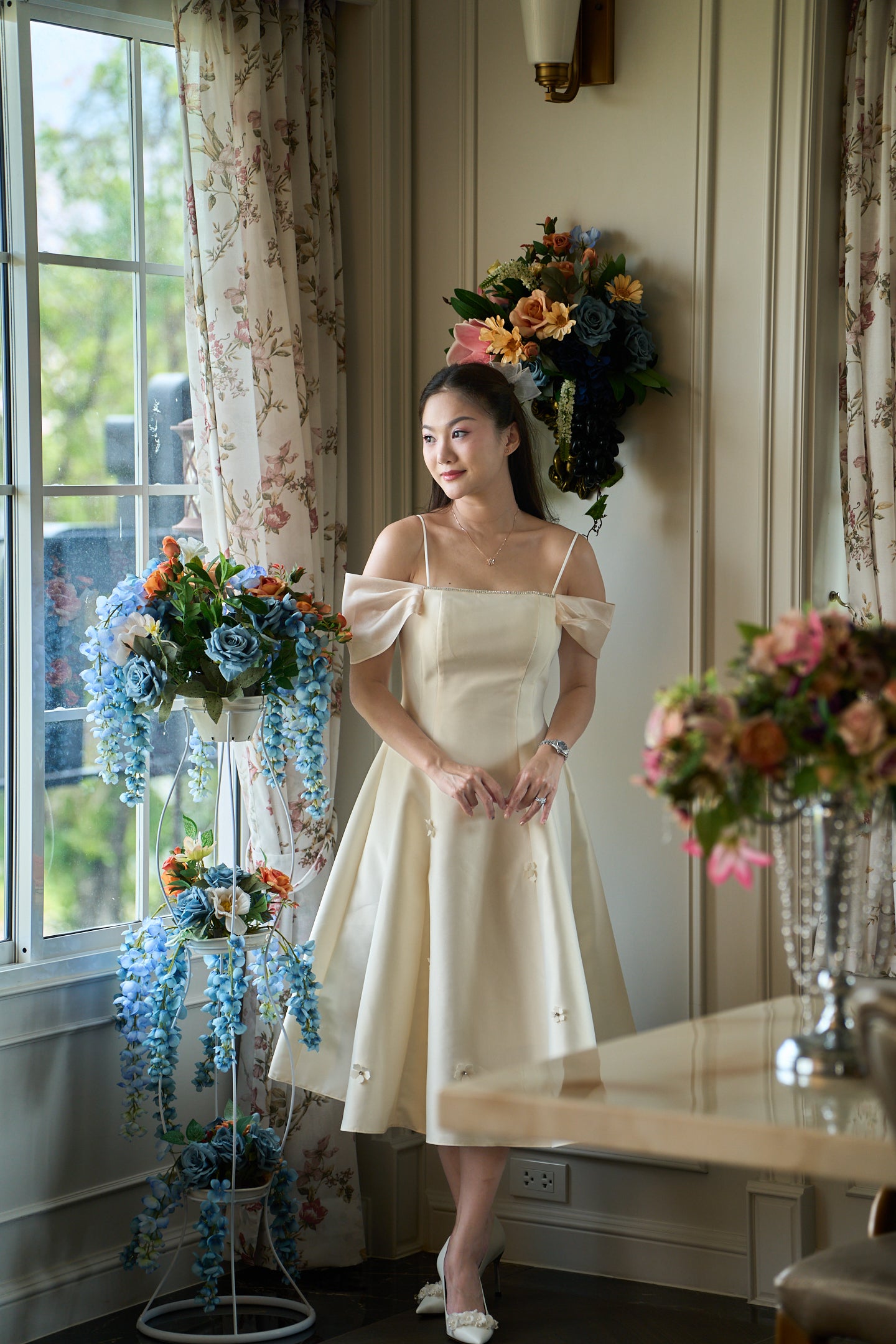 Zamy Champagne Off-Shoulder Organza Midi Dress - ZM002