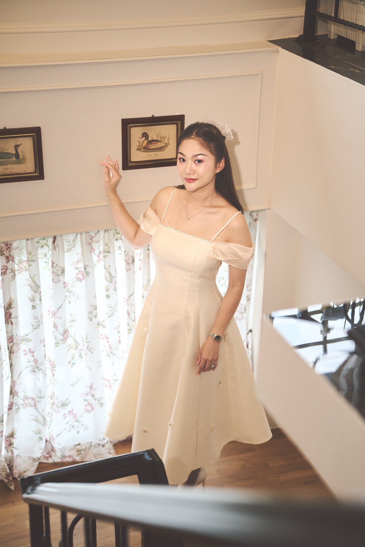 Zamy Champagne Off-Shoulder Organza Midi Dress - ZM002