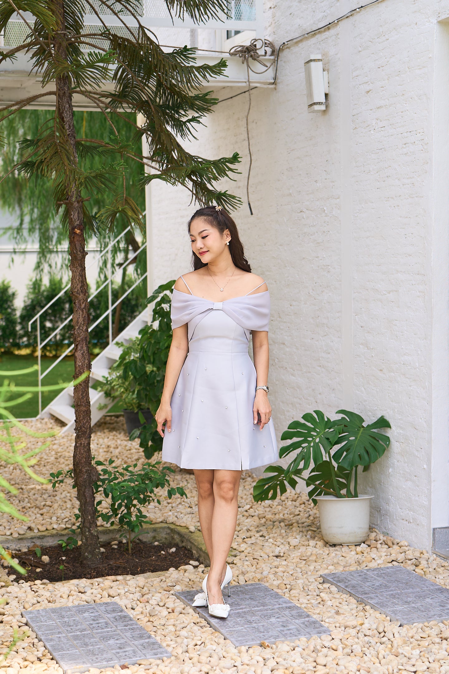 Zamy Grey-Blue Off-Shoulder Bow Mini Dress - ZM006