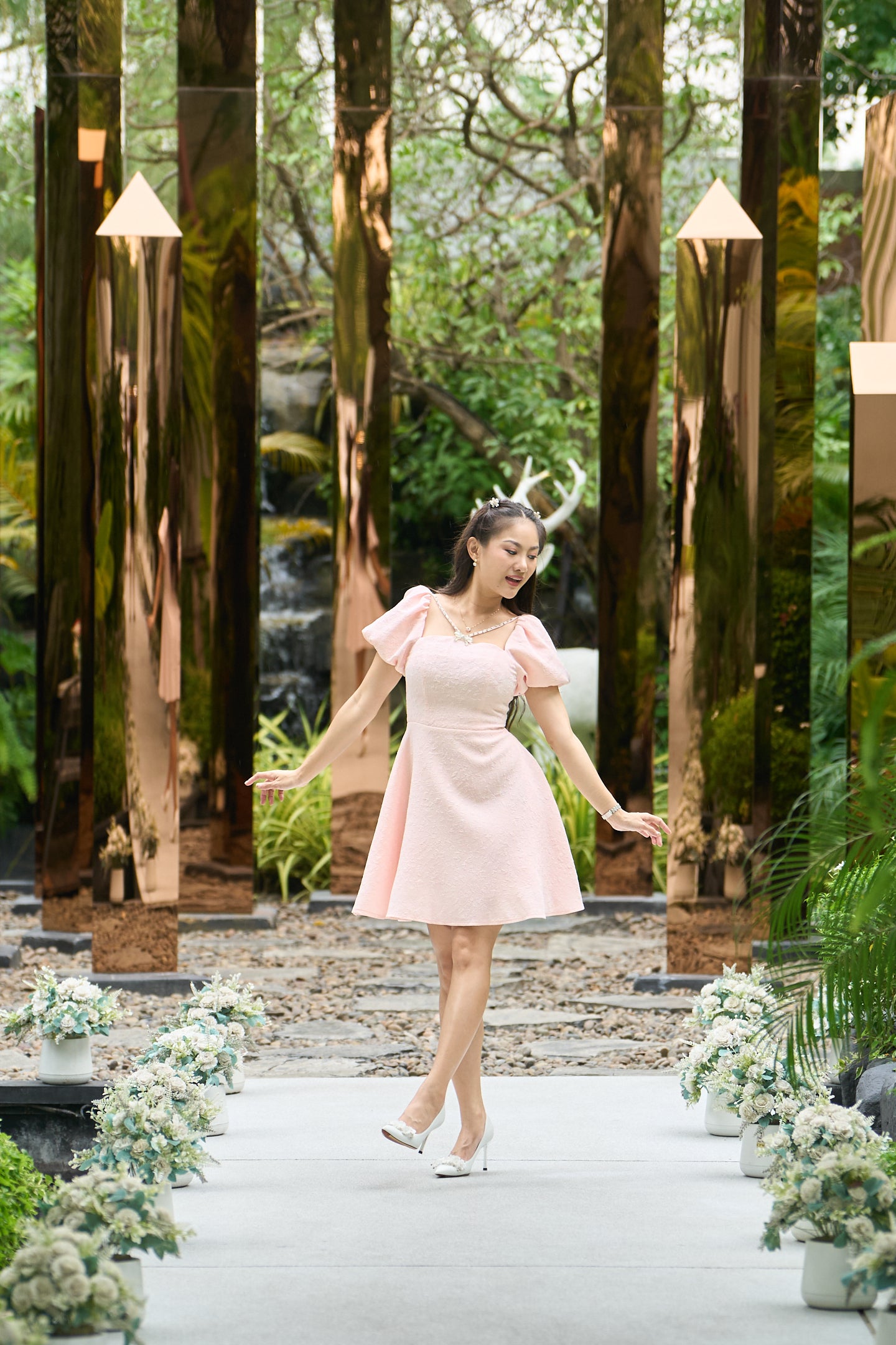Zamy Blush Puff-Sleeve Textured Mini Dress-ZM005