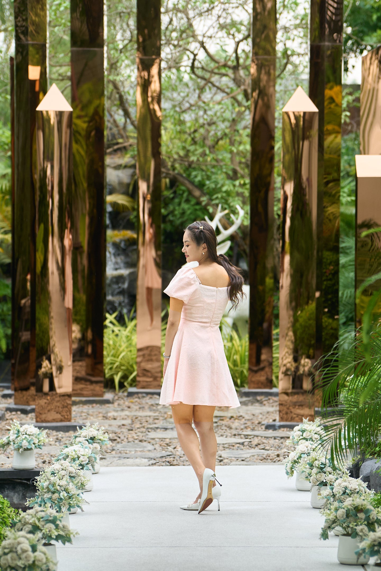 Zamy Blush Puff-Sleeve Textured Mini Dress-ZM005