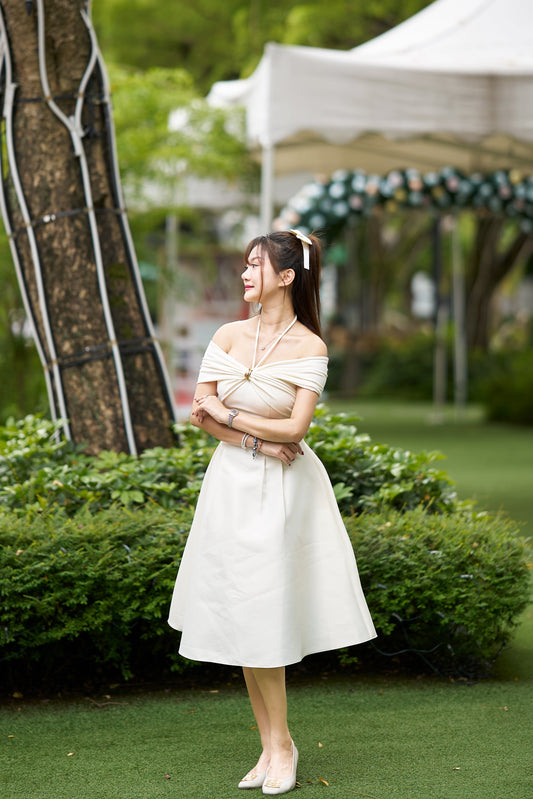 Zamy Ivory Off-Shoulder Cross-Wrap Midi Dress-ZM003